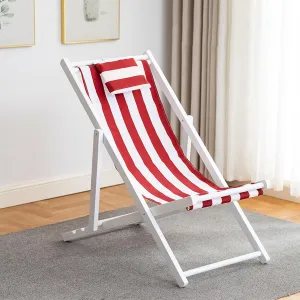 Red and White Striped Recliner Outdoor Beach Chair Swimming Pool Solid Wood Folding Chair Lunch Break Balcony Canvas Chair-White||with Pillow