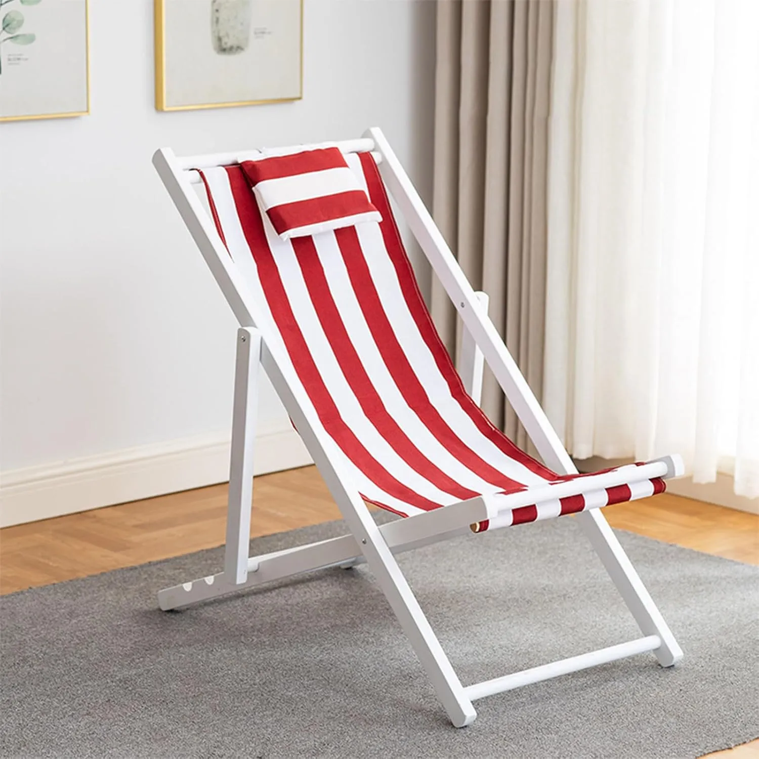 Red and White Striped Recliner Outdoor Beach Chair Swimming Pool Solid Wood Folding Chair Lunch Break Balcony Canvas Chair-White||with Pillow