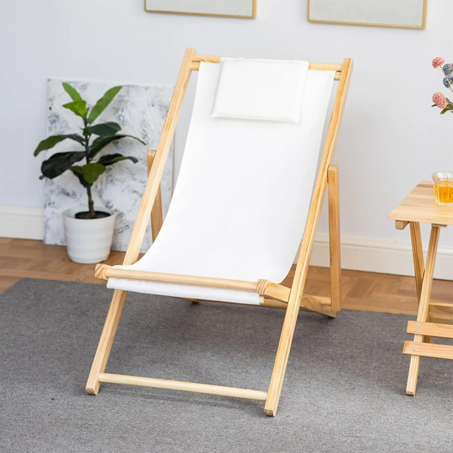 Red and White Striped Recliner Outdoor Beach Chair Swimming Pool Solid Wood Folding Chair Lunch Break Balcony Canvas Chair-White||with Pillow