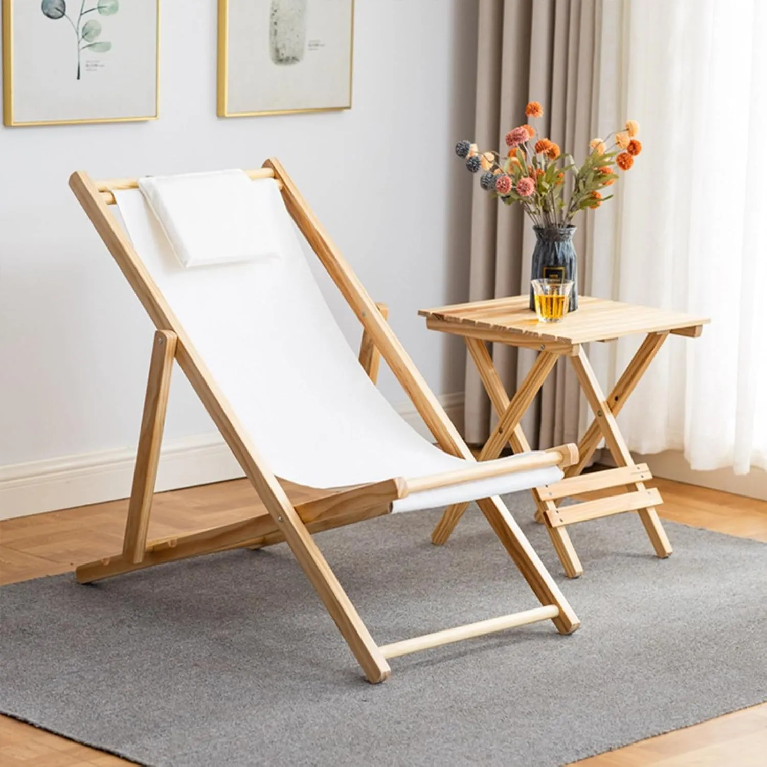 Red and White Striped Recliner Outdoor Beach Chair Swimming Pool Solid Wood Folding Chair Lunch Break Balcony Canvas Chair-White||with Pillow