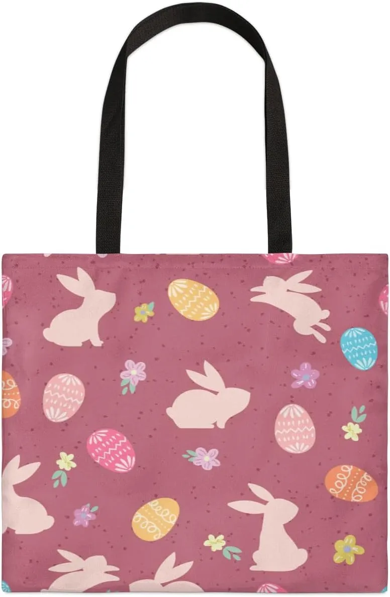 Red Background Rabbit Easter Egg Canvas Tote Bag for Women Men Stylish Tote Handbag Shoulder Bag Reusable Grocery Bag