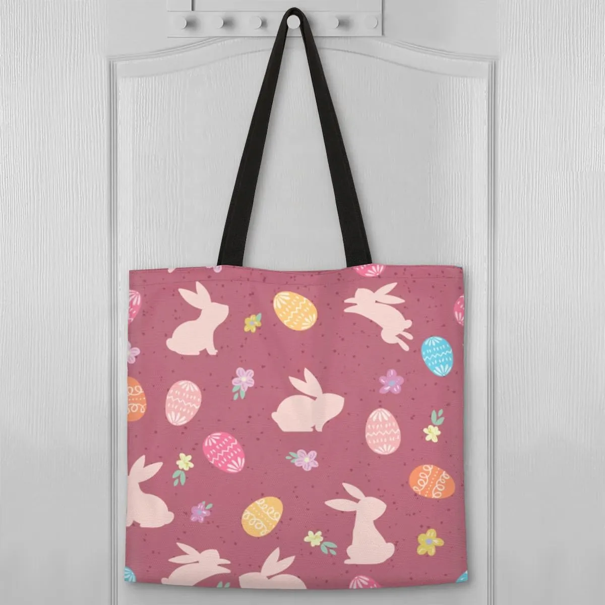 Red Background Rabbit Easter Egg Canvas Tote Bag for Women Men Stylish Tote Handbag Shoulder Bag Reusable Grocery Bag