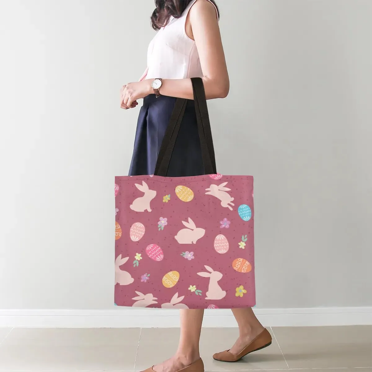 Red Background Rabbit Easter Egg Canvas Tote Bag for Women Men Stylish Tote Handbag Shoulder Bag Reusable Grocery Bag