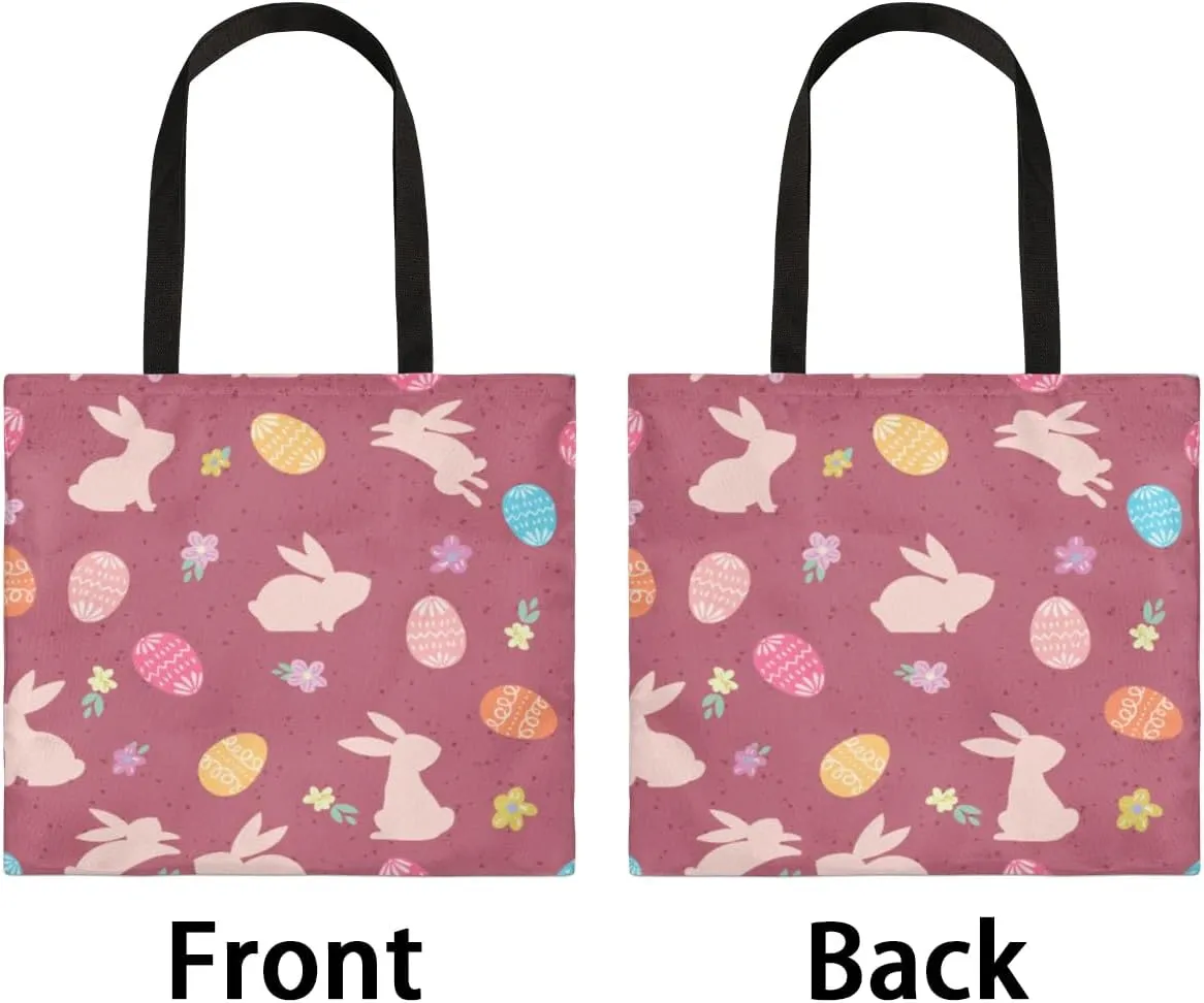 Red Background Rabbit Easter Egg Canvas Tote Bag for Women Men Stylish Tote Handbag Shoulder Bag Reusable Grocery Bag