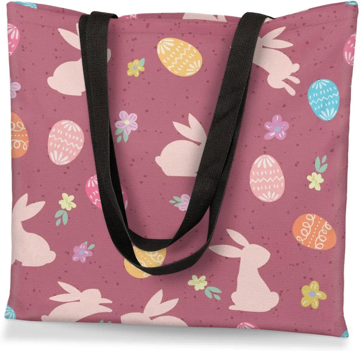 Red Background Rabbit Easter Egg Canvas Tote Bag for Women Men Stylish Tote Handbag Shoulder Bag Reusable Grocery Bag