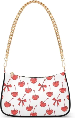 Red Cherry with Bow Clutch Shoulder Bag for Women, Hobo Tote Handbag with Gold Chain, Crossbody Bag with Zipper Closure