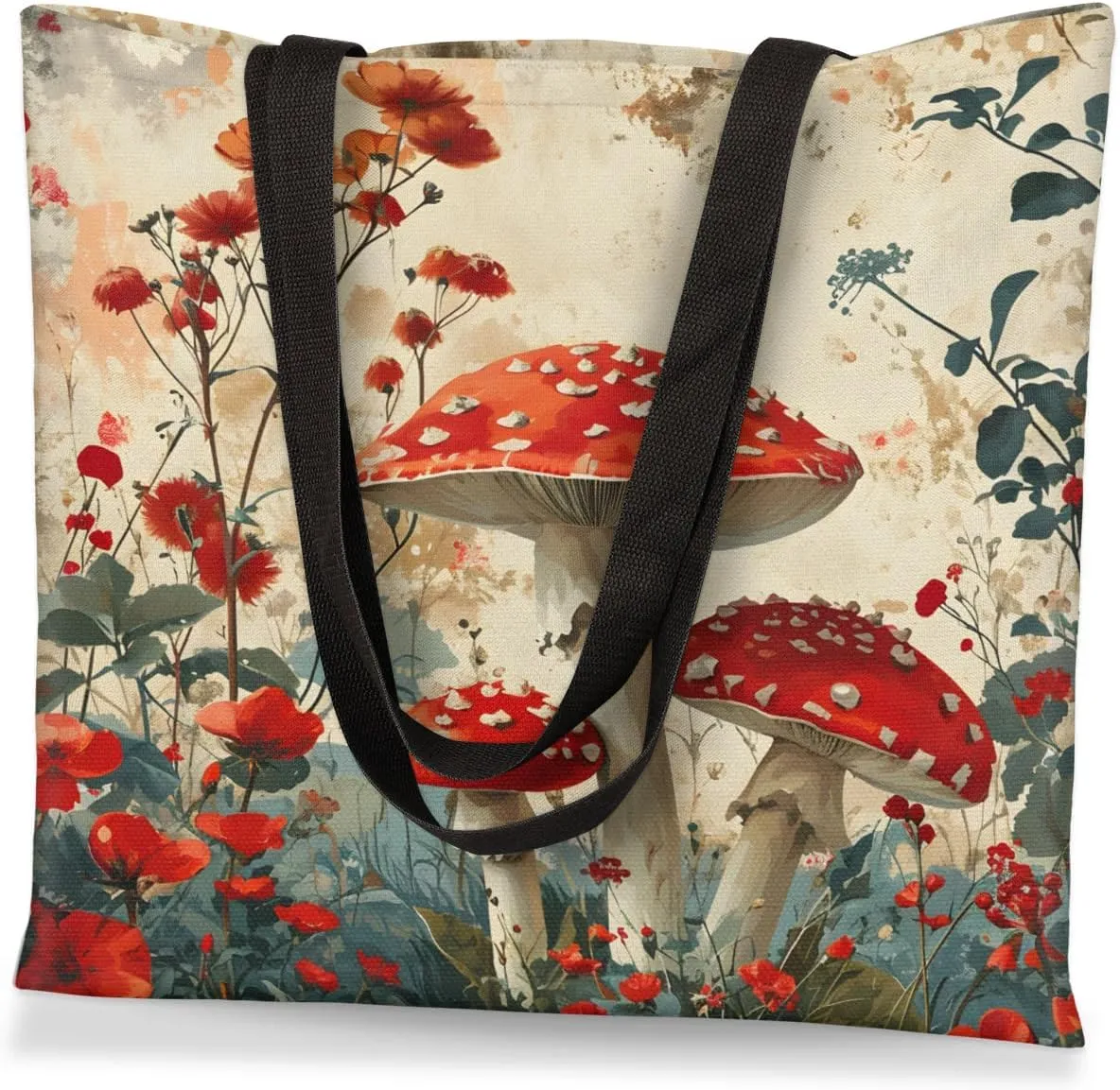 Red Flowers Ladybugs Canvas Tote Bag for Women Men Stylish Tote Handbag Shoulder Bag Reusable Grocery Bag