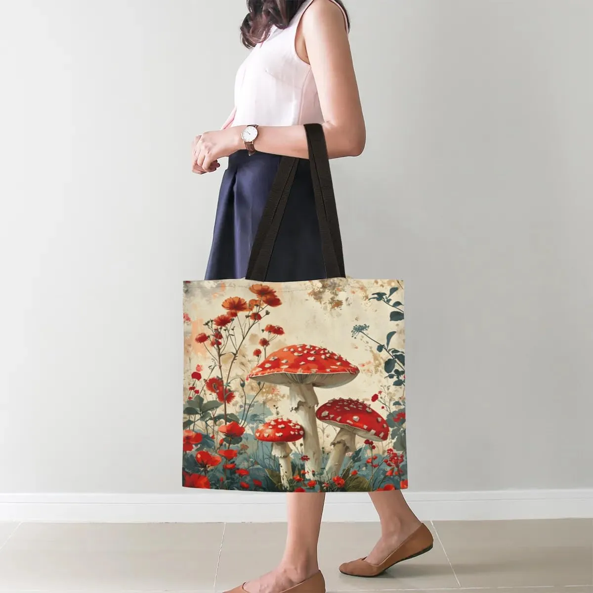 Red Flowers Ladybugs Canvas Tote Bag for Women Men Stylish Tote Handbag Shoulder Bag Reusable Grocery Bag