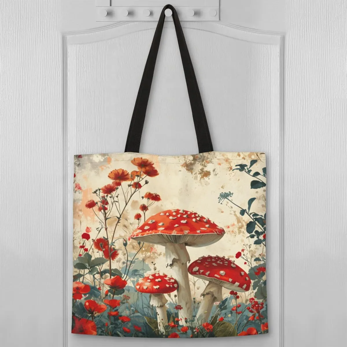 Red Flowers Ladybugs Canvas Tote Bag for Women Men Stylish Tote Handbag Shoulder Bag Reusable Grocery Bag