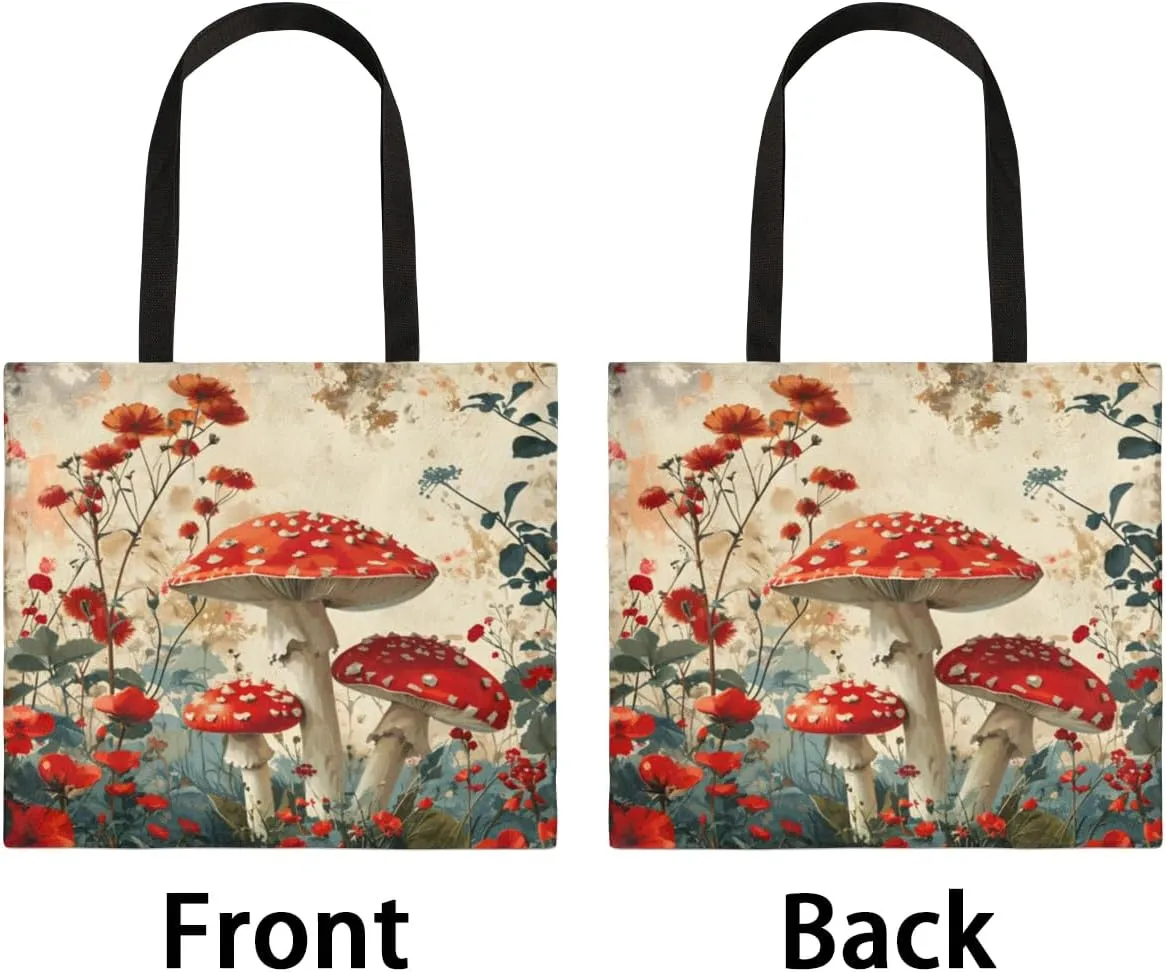 Red Flowers Ladybugs Canvas Tote Bag for Women Men Stylish Tote Handbag Shoulder Bag Reusable Grocery Bag