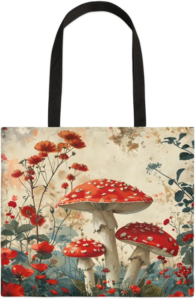 Red Flowers Ladybugs Canvas Tote Bag for Women Men Stylish Tote Handbag Shoulder Bag Reusable Grocery Bag
