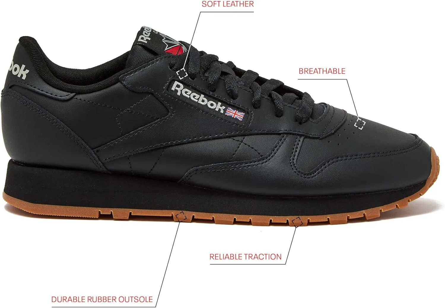 Reebok Classic Leather Sneakers for Men - Black or White Tennis Mens Shoes Size 6 to 18