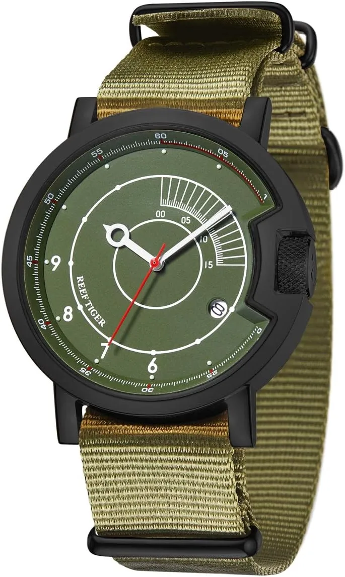 REEF TIGER Watch for Men Waterproof Green Watches Nylon Strap Mechanical Watches RGA9035