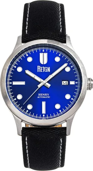 Reign Henry Automatic Canvas-Overlaid Leather-Band Watch w/Date, Blue - Men's, REIRN6204