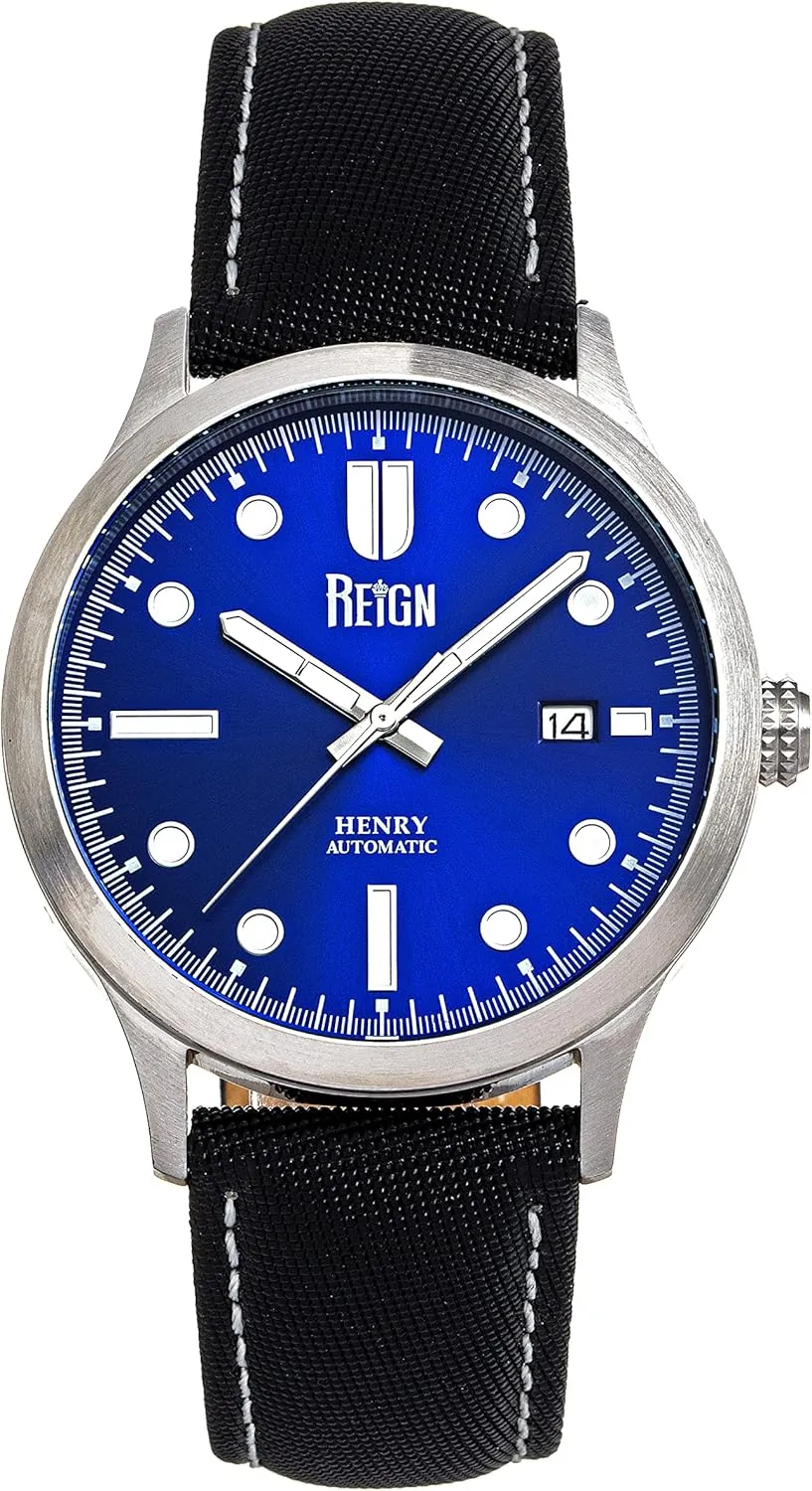 Reign Henry Automatic Canvas-Overlaid Leather-Band Watch w/Date, Blue - Men's, REIRN6204