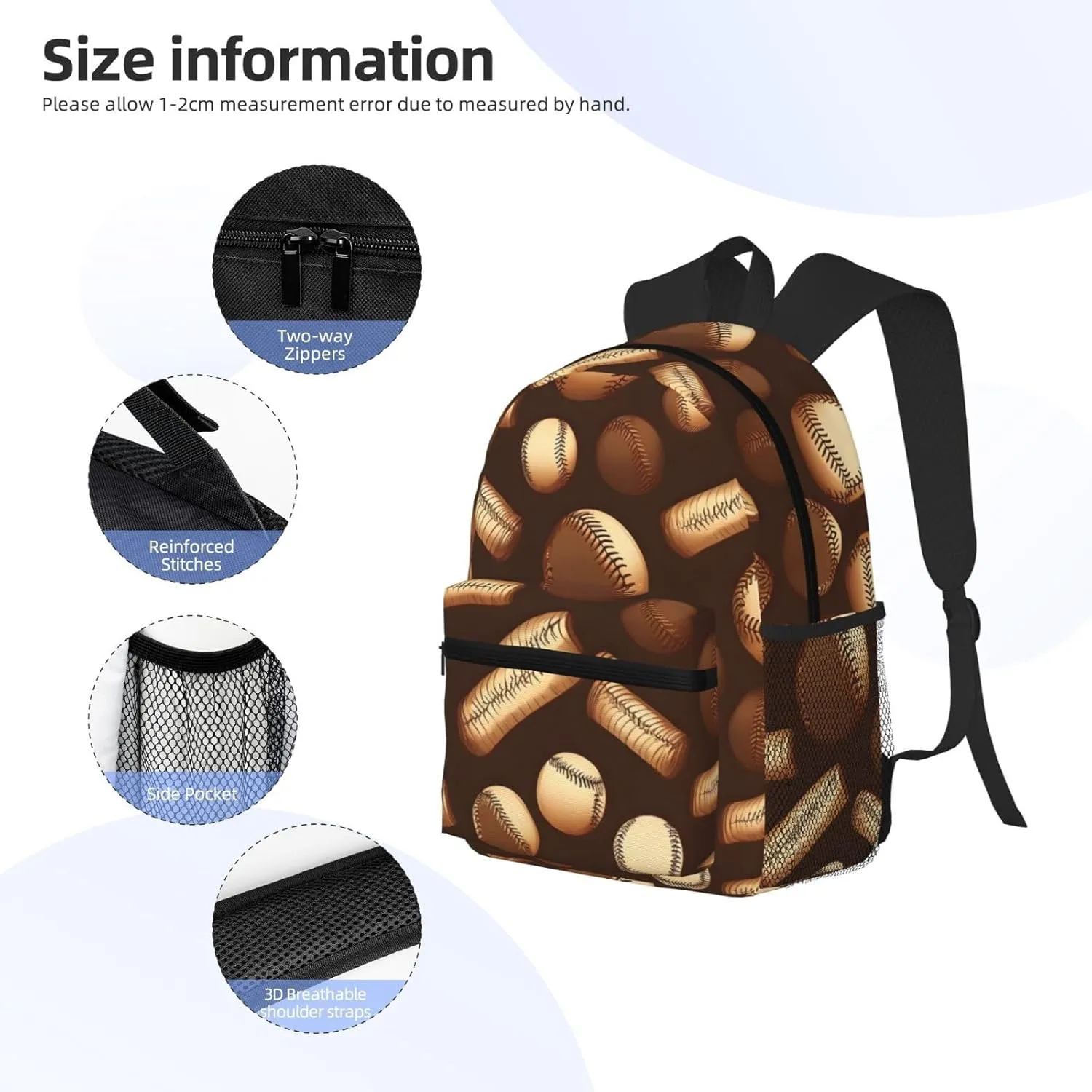 Retro Baseball Brown Print Backpack For Women Men, Laptop Bookbag,Lightweight Casual Travel Daypack