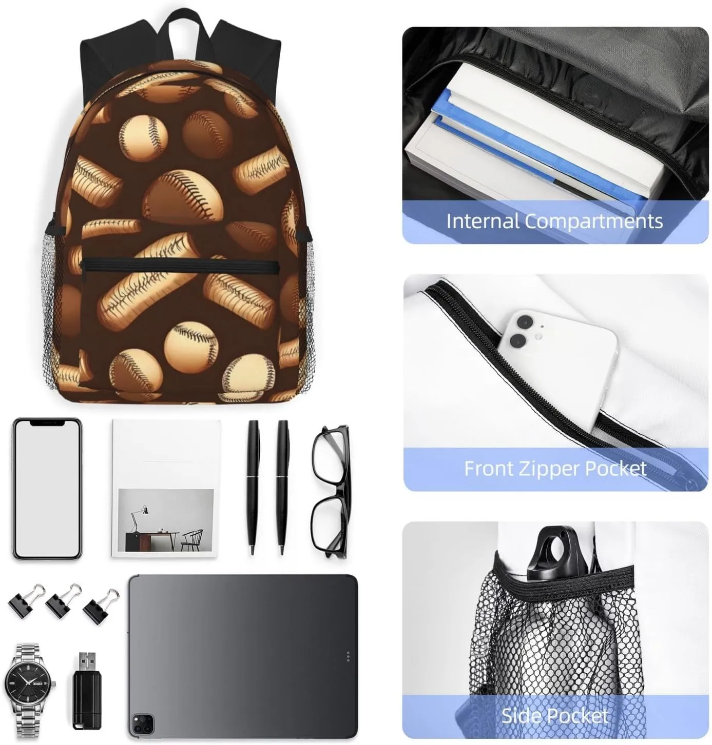 Retro Baseball Brown Print Backpack For Women Men, Laptop Bookbag,Lightweight Casual Travel Daypack