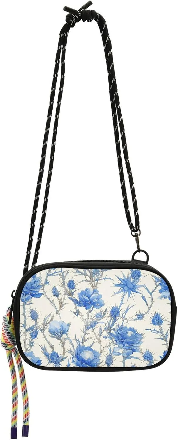 Retro Blue White Roses Thistles and Thorns Crossbody Camera Bag for Women Fashion with Adjustable Strap Small Black Purses Take a walk