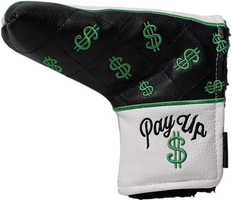 Retro L Shape Golf Putter Blade Style (Black with Green Emblem) Headcover in The Money Pay Up $ Limited Edition Vintage Leather Style