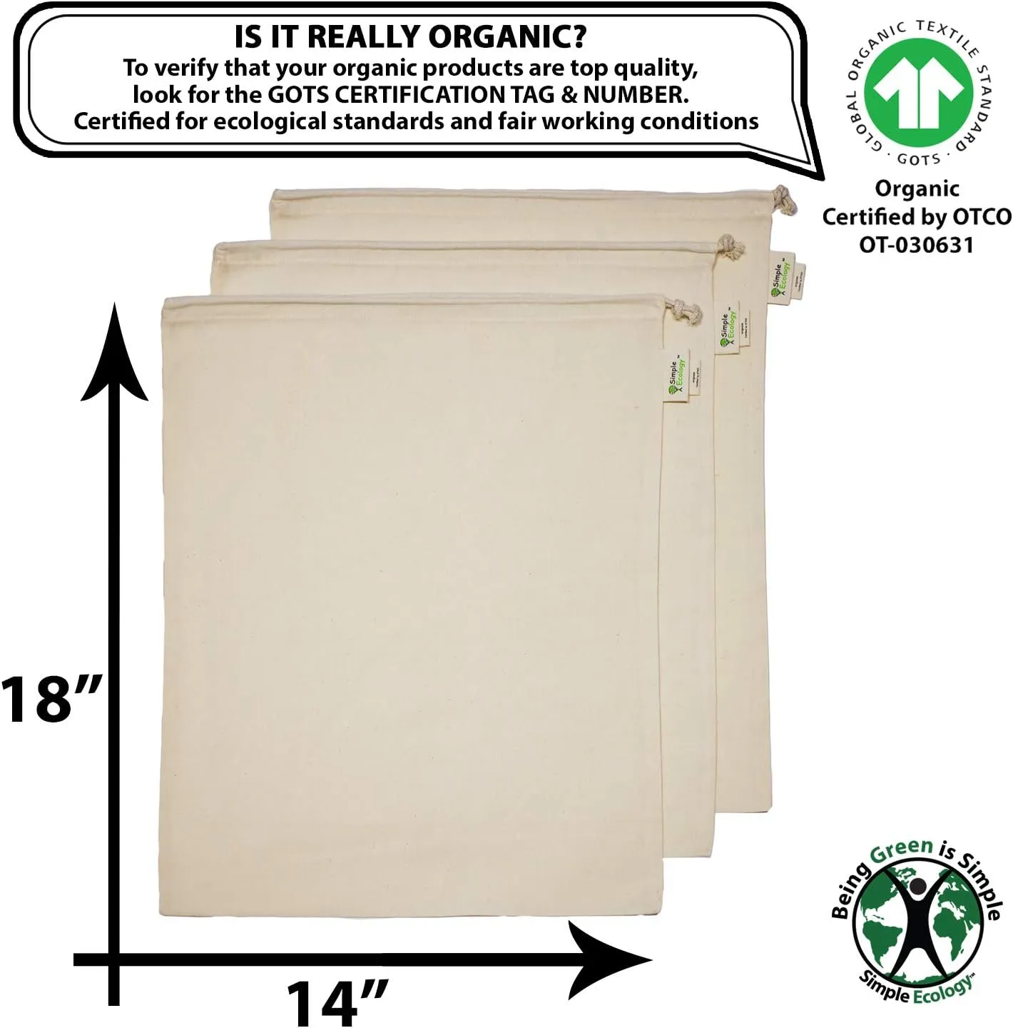 Reusable Grocery Produce Shopping and Storage Bags, Organic Cotton Muslin, XLarge 3 pack
