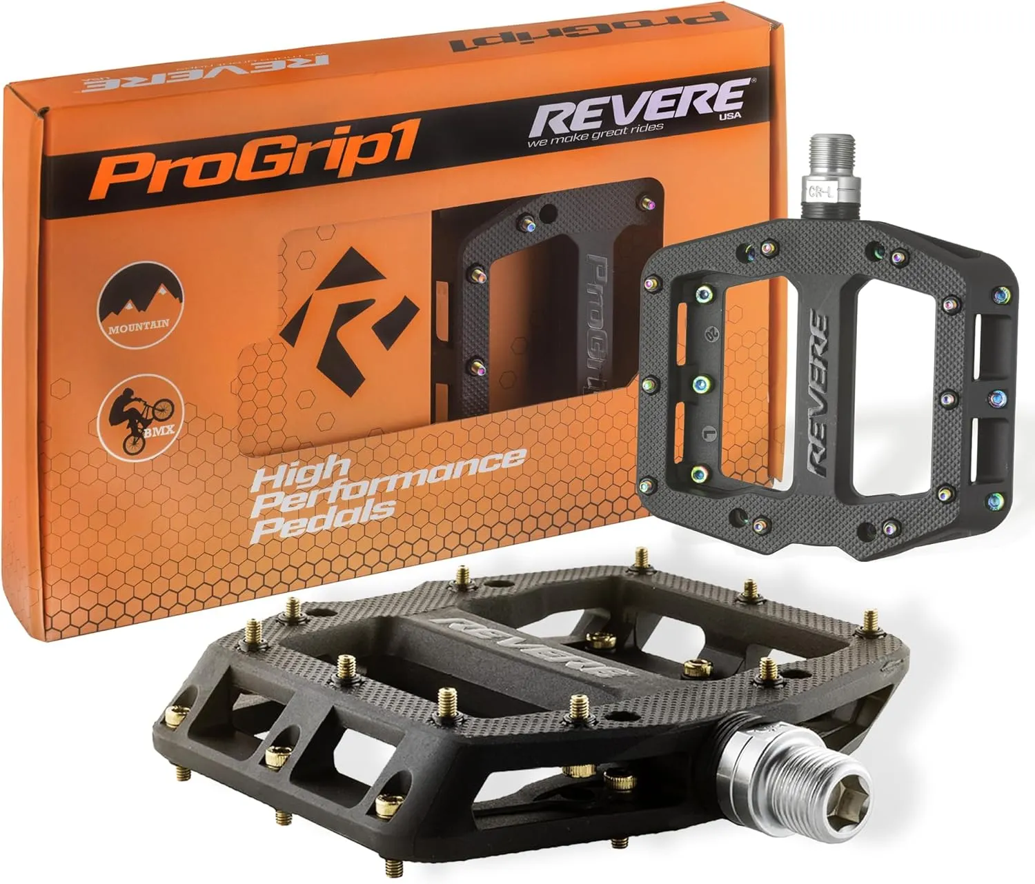 Revere Pro Grip MTB Mountain/Gravel Bike Pedals, Ultra Smooth Bearings, Non-Slip Indestructible Lightweight Nylon Composite Bicycle Platform Pedals 9/16" Spindle, Replaceable Oil Slick or Gold Pins