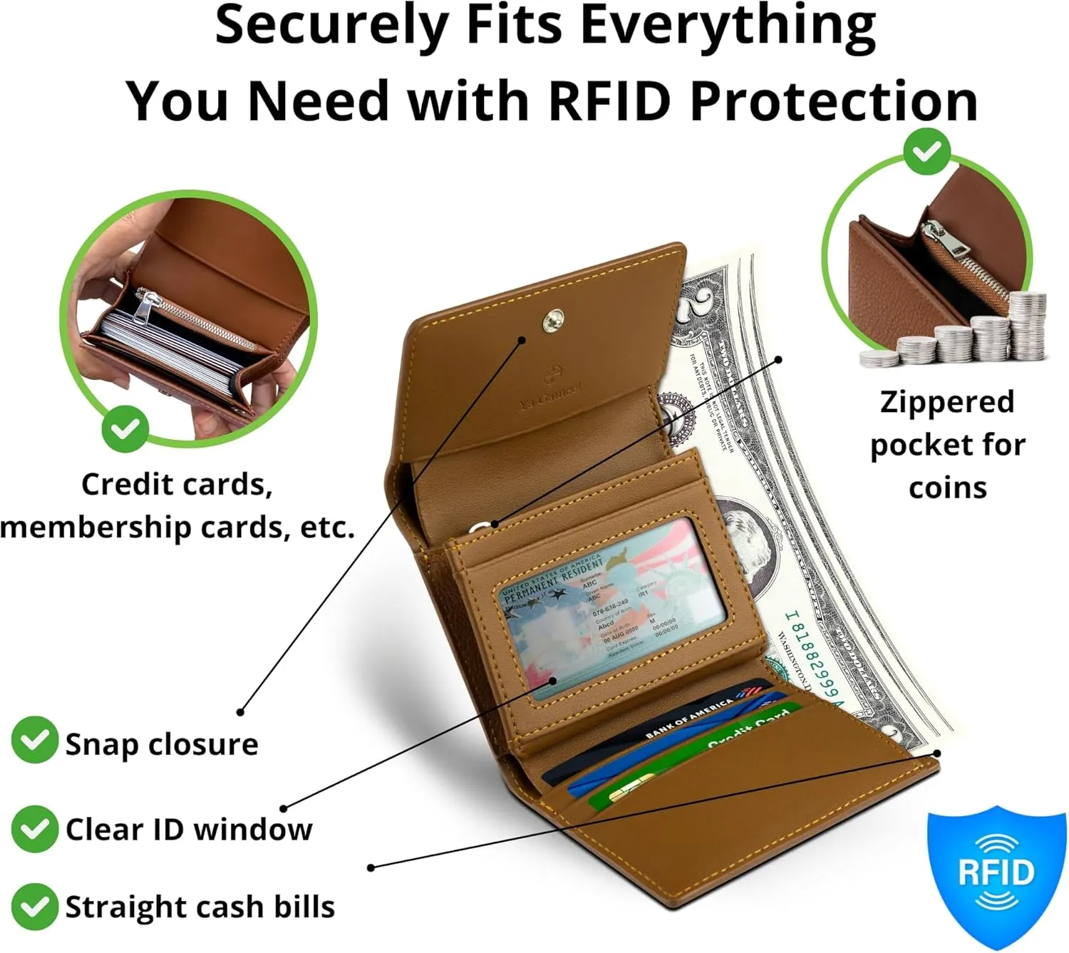 RFID-Blocking Women's Real Leather Wallet with Large Capacity and Wristlet - Small, Secure, and Chic - Conveniently Holds Cards, Cash, and Coins (All Black - RFID Protected with Wristlet)