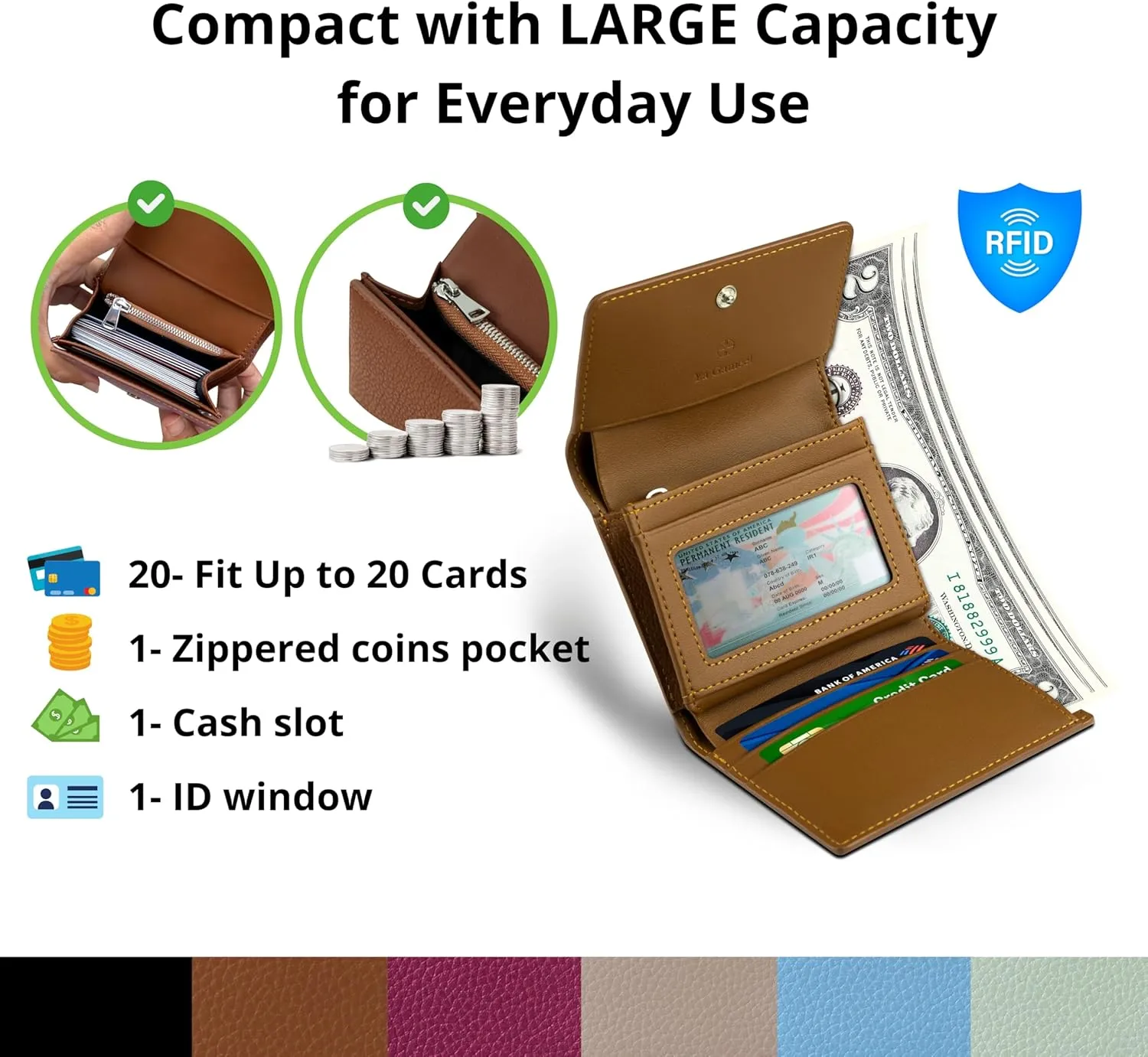 RFID-Blocking Women's Real Leather Wallet with Large Capacity and Wristlet - Small, Secure, and Chic - Conveniently Holds Cards, Cash, and Coins (All Black - RFID Protected with Wristlet)