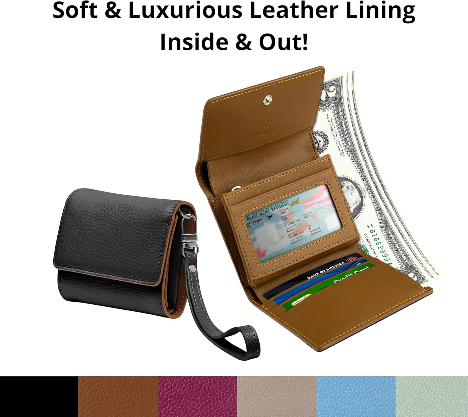RFID-Blocking Women's Real Leather Wallet with Large Capacity and Wristlet - Small, Secure, and Chic - Conveniently Holds Cards, Cash, and Coins (All Black - RFID Protected with Wristlet)
