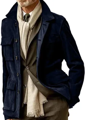 RINTONIX Mens Single Breasted Button Down Faux Suede Leather Winter Jacket with Pocket Solid Lapel Neck Outerwear Coat