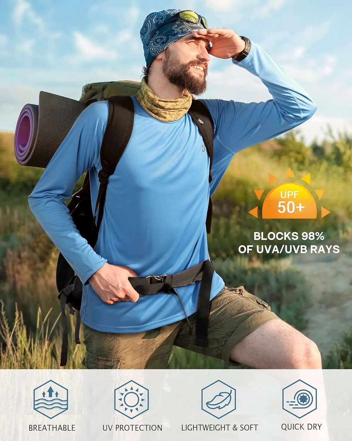 Roadbox Mens UPF 50  UV Sun Protection Shirts Outdoor Long Sleeve SPF Rash Guard for Fishing Hiking Swimming Running