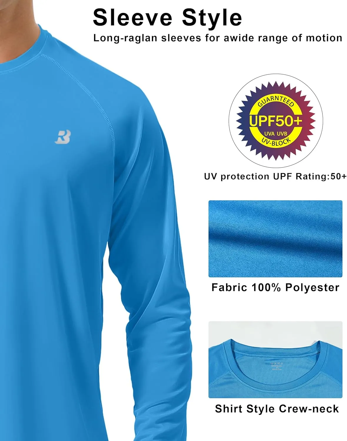 Roadbox Mens UPF 50  UV Sun Protection Shirts Outdoor Long Sleeve SPF Rash Guard for Fishing Hiking Swimming Running