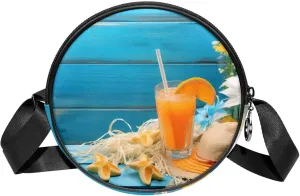 Round Cross Body Bag for Women, Long Strap Crossbody Bag, orange juice and hat