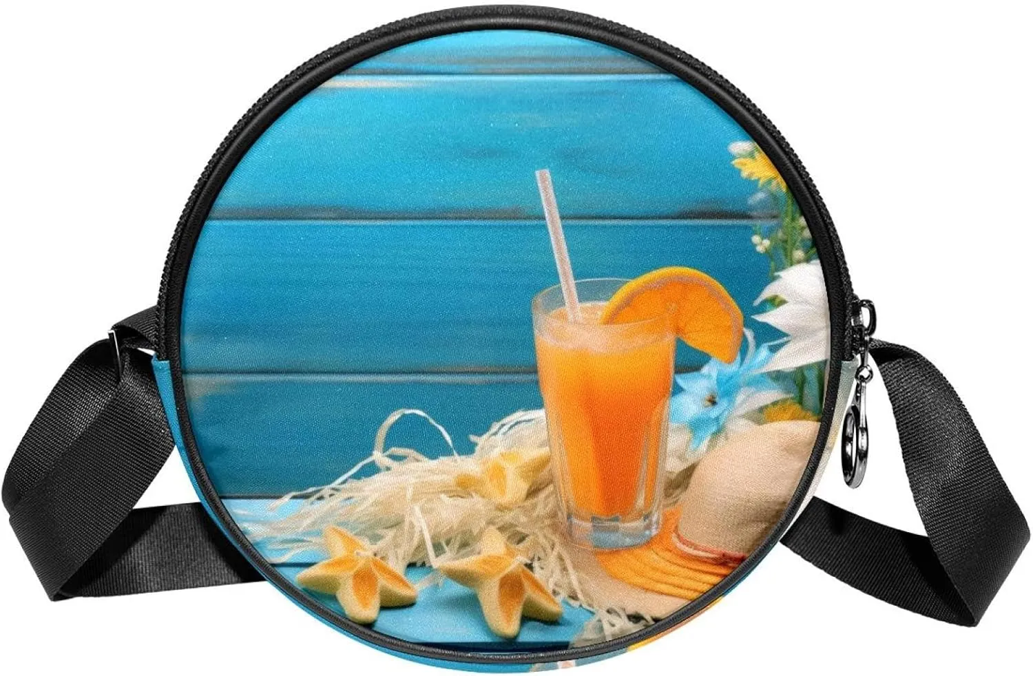 Round Cross Body Bag for Women, Long Strap Crossbody Bag, orange juice and hat