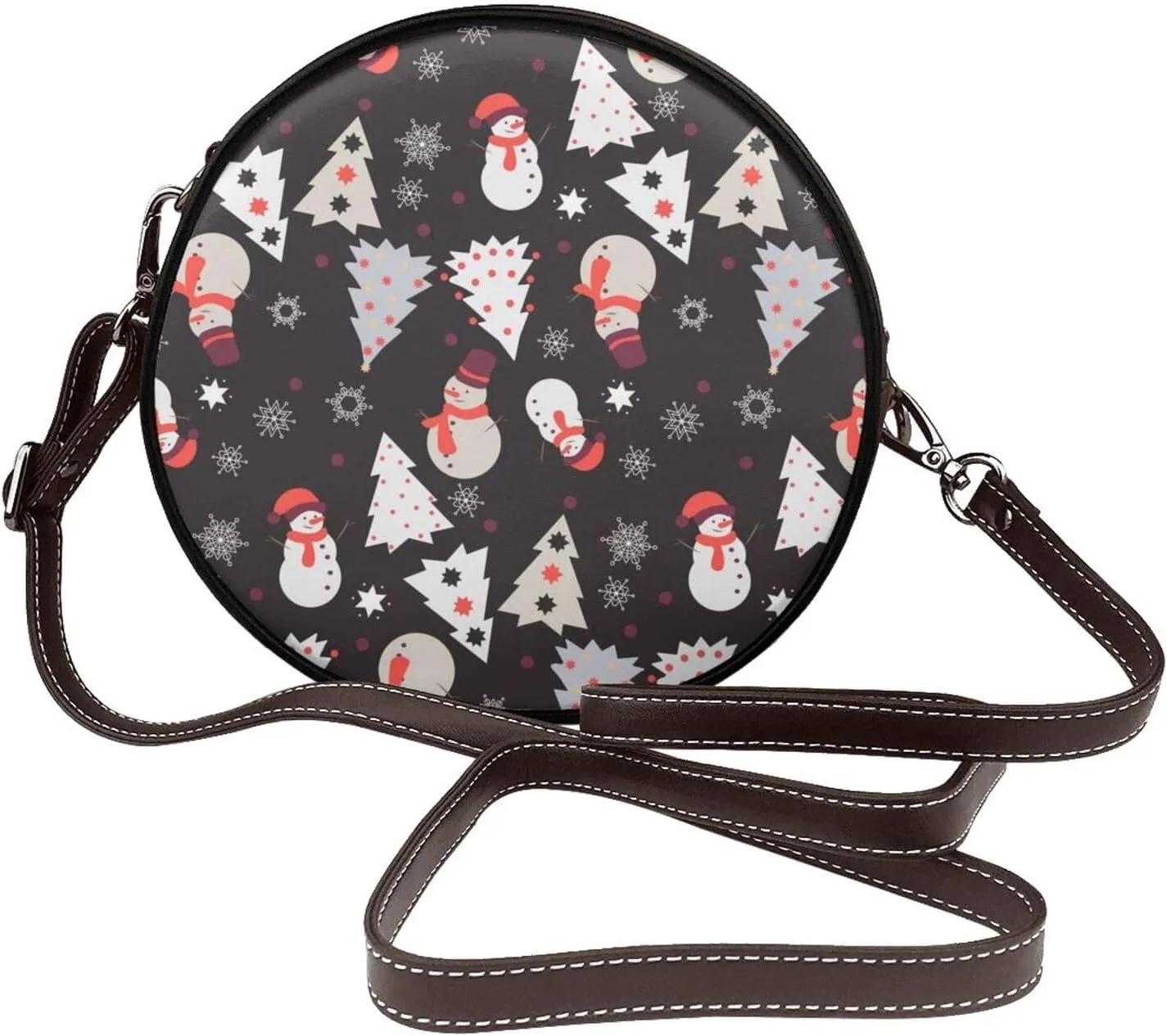 Round PU Leather Crossbody Satchel Bag Vintage Purses Handbags for Women Ladies