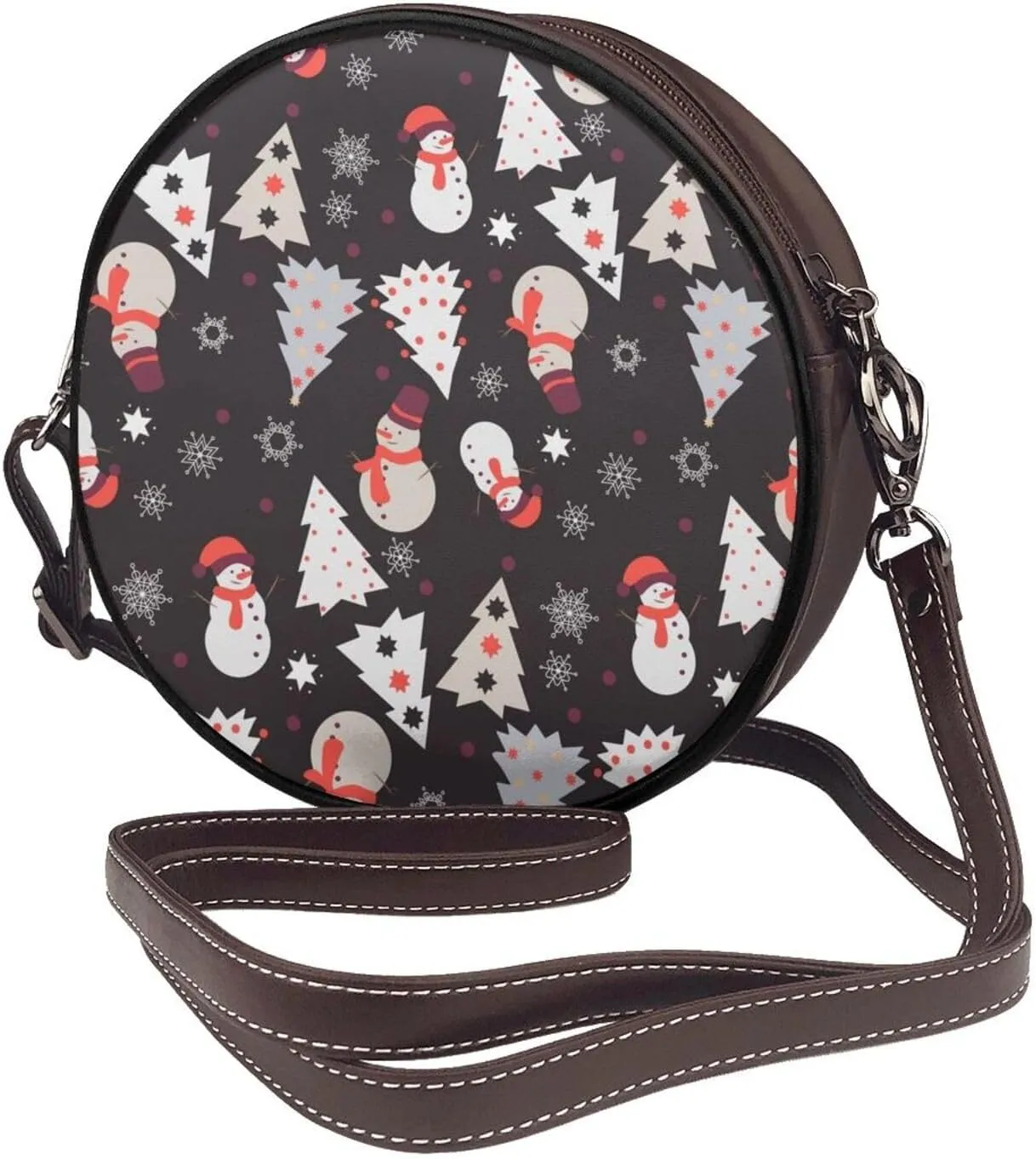 Round PU Leather Crossbody Satchel Bag Vintage Purses Handbags for Women Ladies