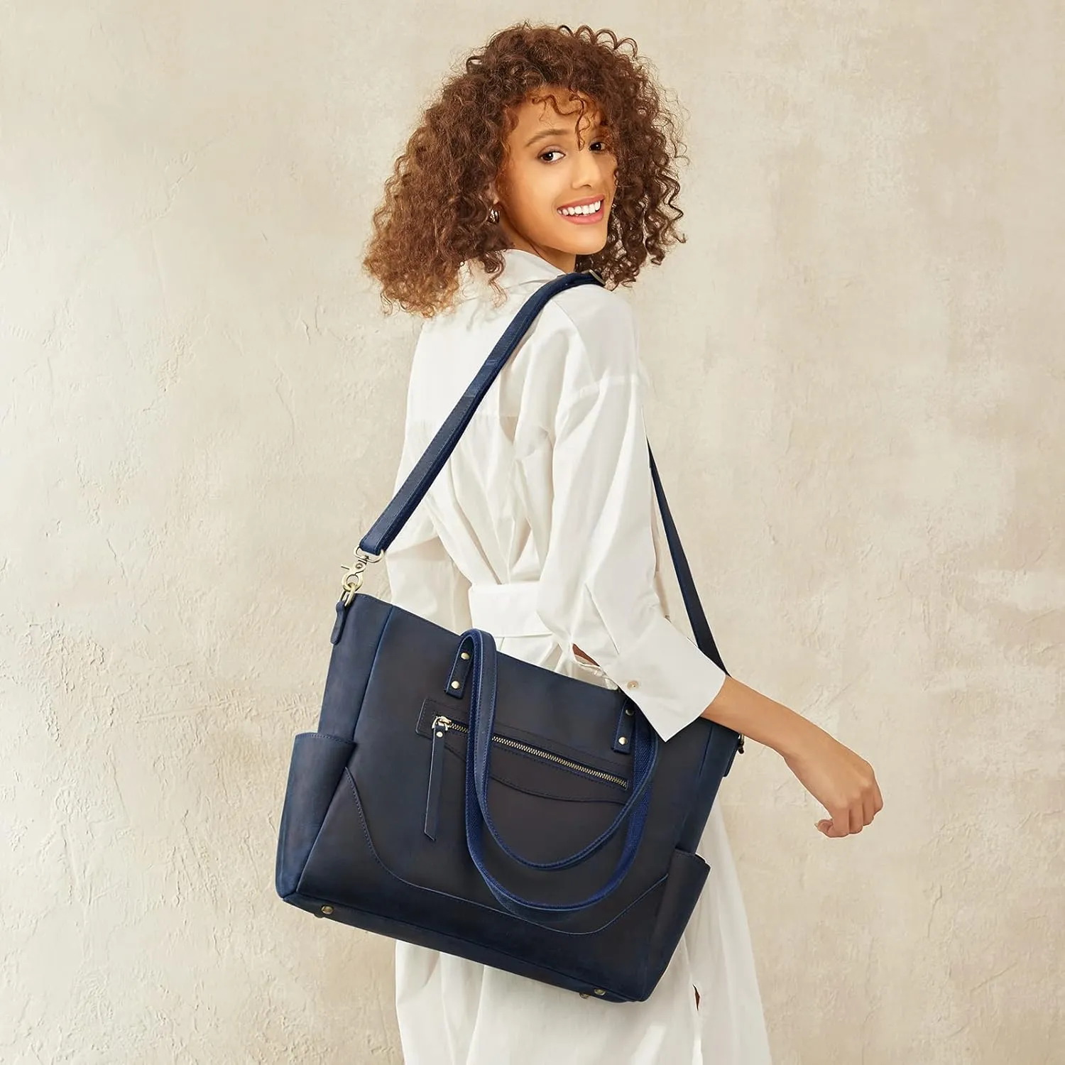 S-ZONE Genuine Leather Tote Bag for Women Large Shoulder Purses Work Handbags with Crossbody Strap Vintage