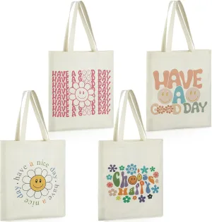 Sadnyy 4 Pack Aesthetic Cute Canvas Tote Bag Women Reusable Grocery Shopping Bag Preppy Shoulder Bag Book Lover Club Gift
