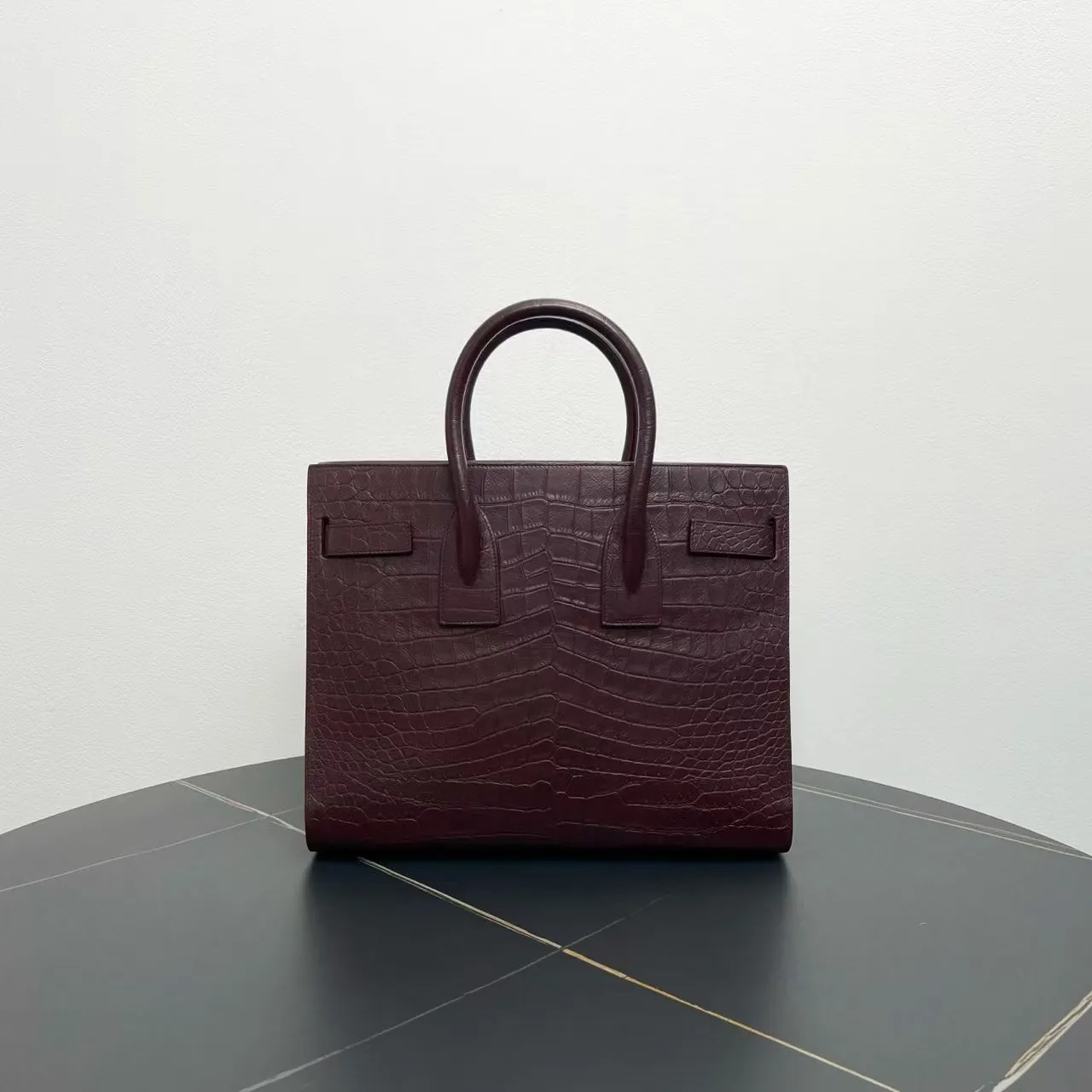 Saint Laurent Crocodile-Embossed Burgundy Sac De Jour Tote Bag