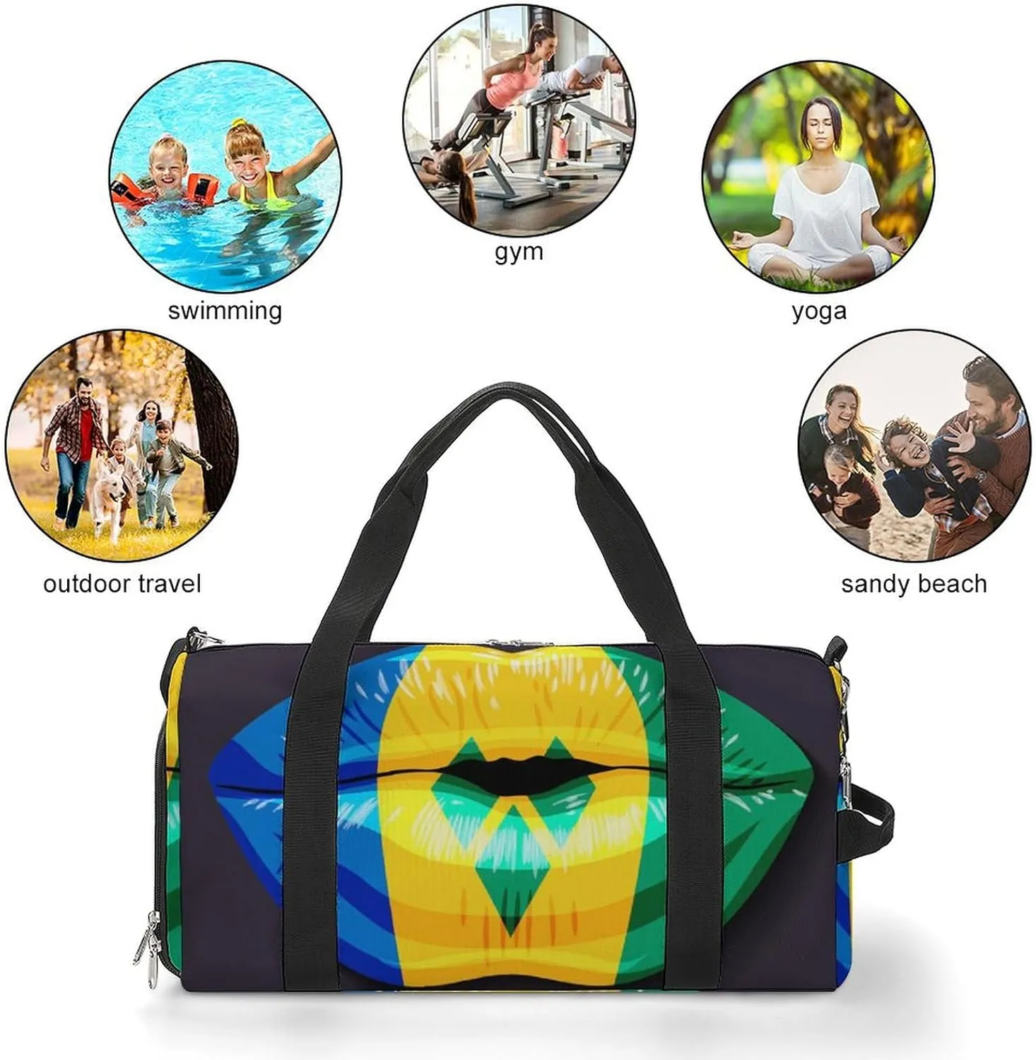 Saint Vincent Grenadines Flag Lips Duffel Bag for Men Women with Shoe Compartment Lightweight Gym Bag