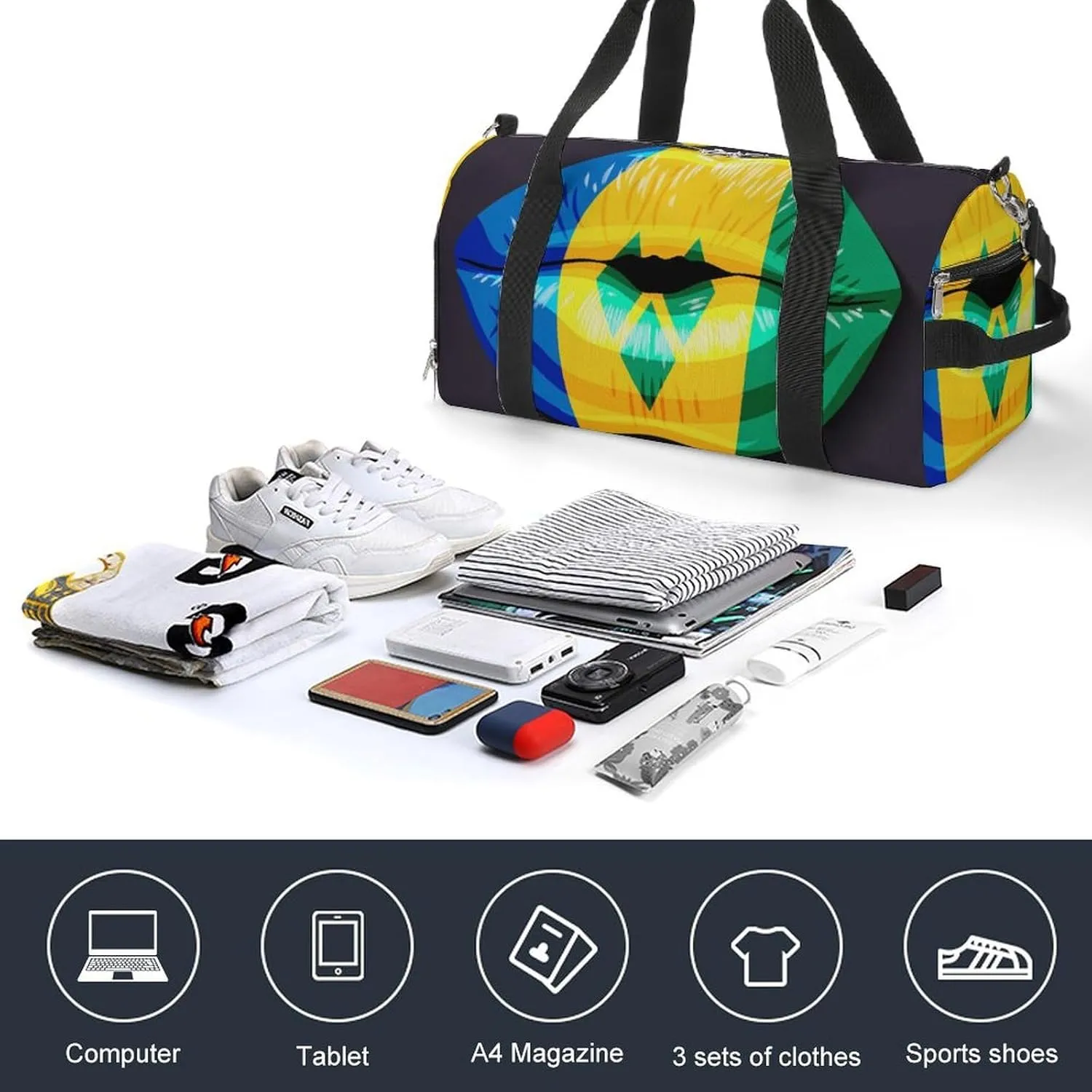Saint Vincent Grenadines Flag Lips Duffel Bag for Men Women with Shoe Compartment Lightweight Gym Bag