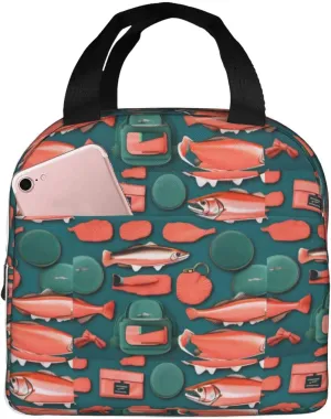 Salmon Pattern Print Lightweight Insulated Lunch Bag Beach Trips Work Hiking Camping Daily Organization