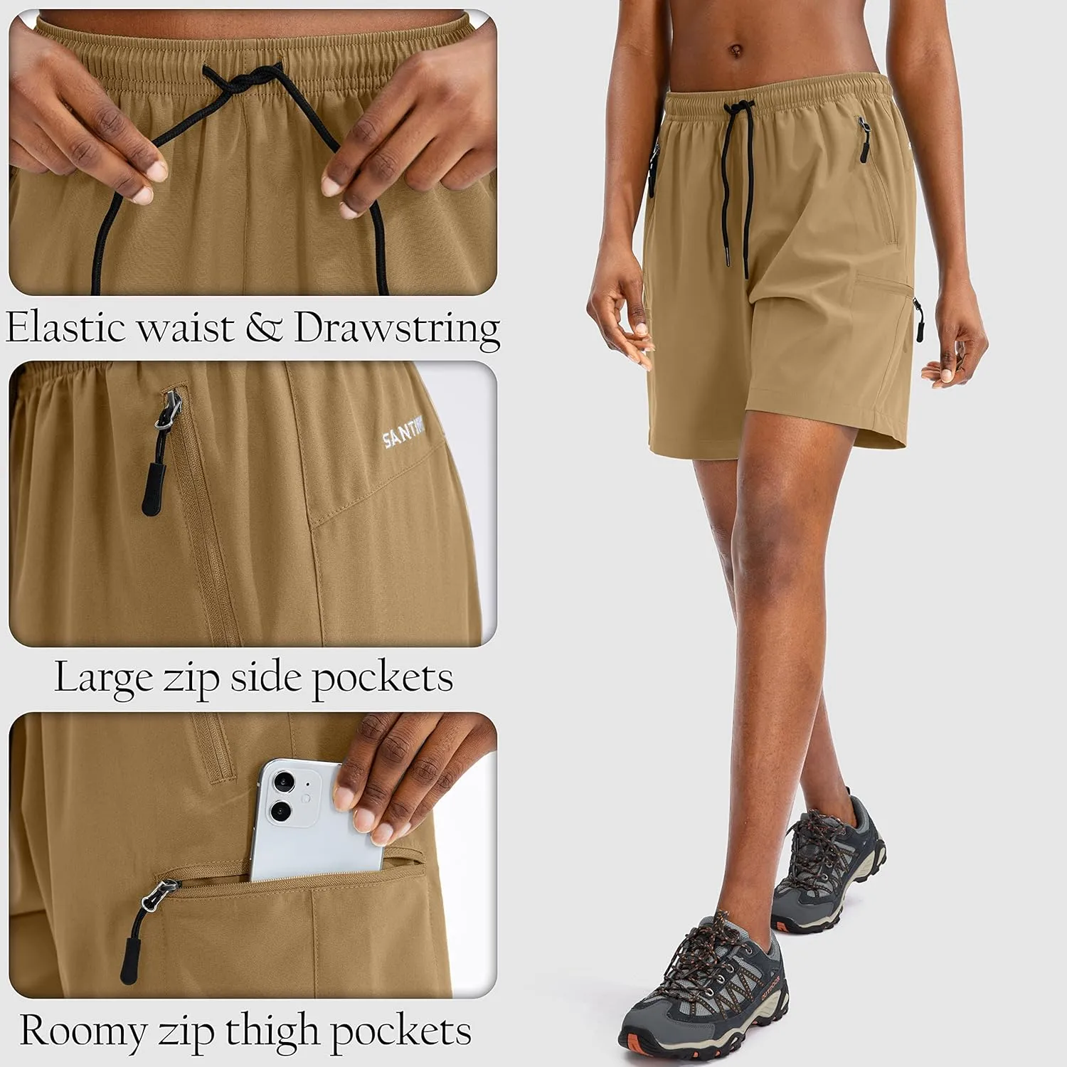 SANTINY Women's 5''/ 7''/9'' Hiking Cargo Shorts Quick Dry Lightweight Summer Shorts for Women Athletic Golf Zipper Pockets