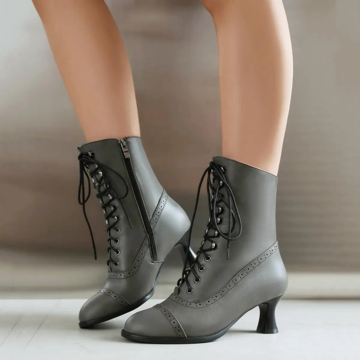 Scaoruki Women Vintage Victorian Boots Mid Calf Lace up