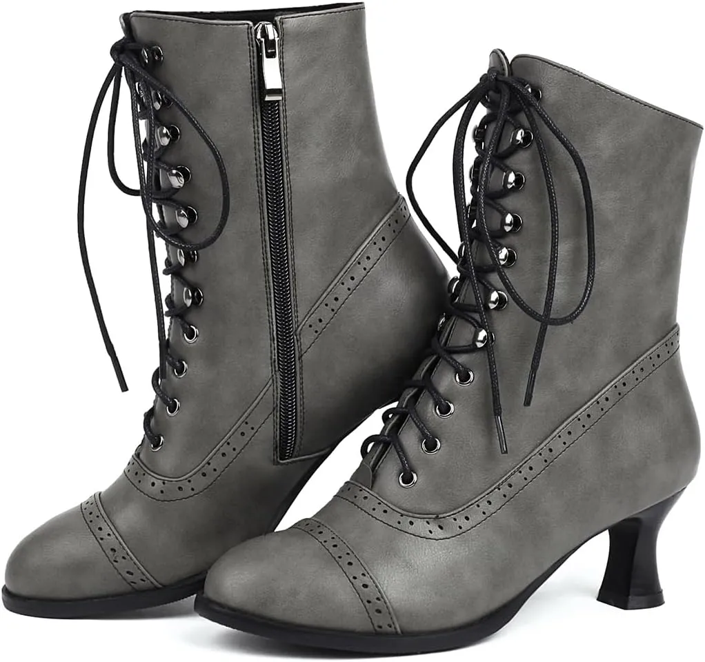Scaoruki Women Vintage Victorian Boots Mid Calf Lace up