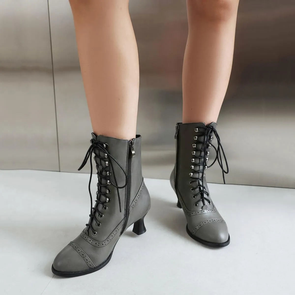 Scaoruki Women Vintage Victorian Boots Mid Calf Lace up