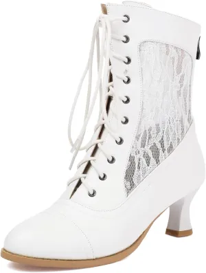 Scaoruki Women Vintage Victorian Boots Mid Calf Lace up
