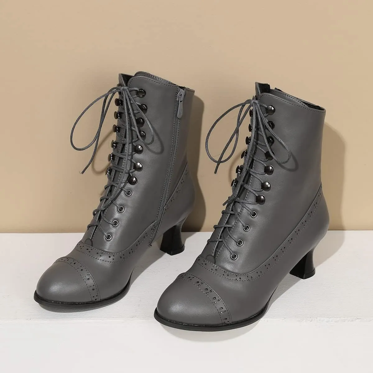 Scaoruki Women Vintage Victorian Boots Mid Calf Lace up