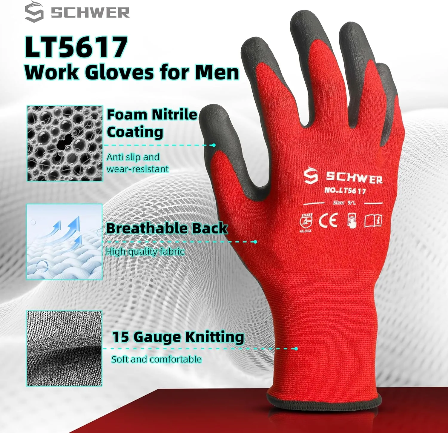 Schwer 12 Pairs Ultra-Comfort Safety Work Gloves MicroFoam Nitrile Coated, Seamless Knit Nylon Glove for Men and Women, Abrasion Resistant, Non Slip, Breathable, LT5617, L