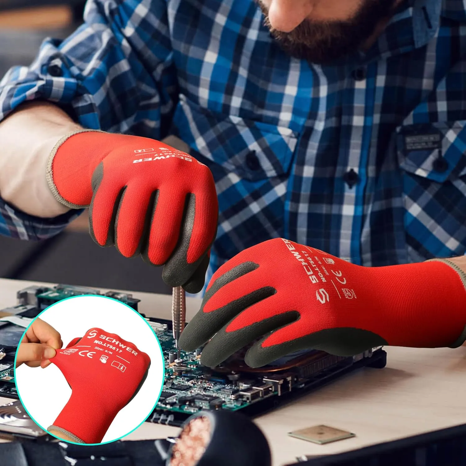 Schwer 12 Pairs Ultra-Comfort Safety Work Gloves MicroFoam Nitrile Coated, Seamless Knit Nylon Glove for Men and Women, Abrasion Resistant, Non Slip, Breathable, LT5617, L