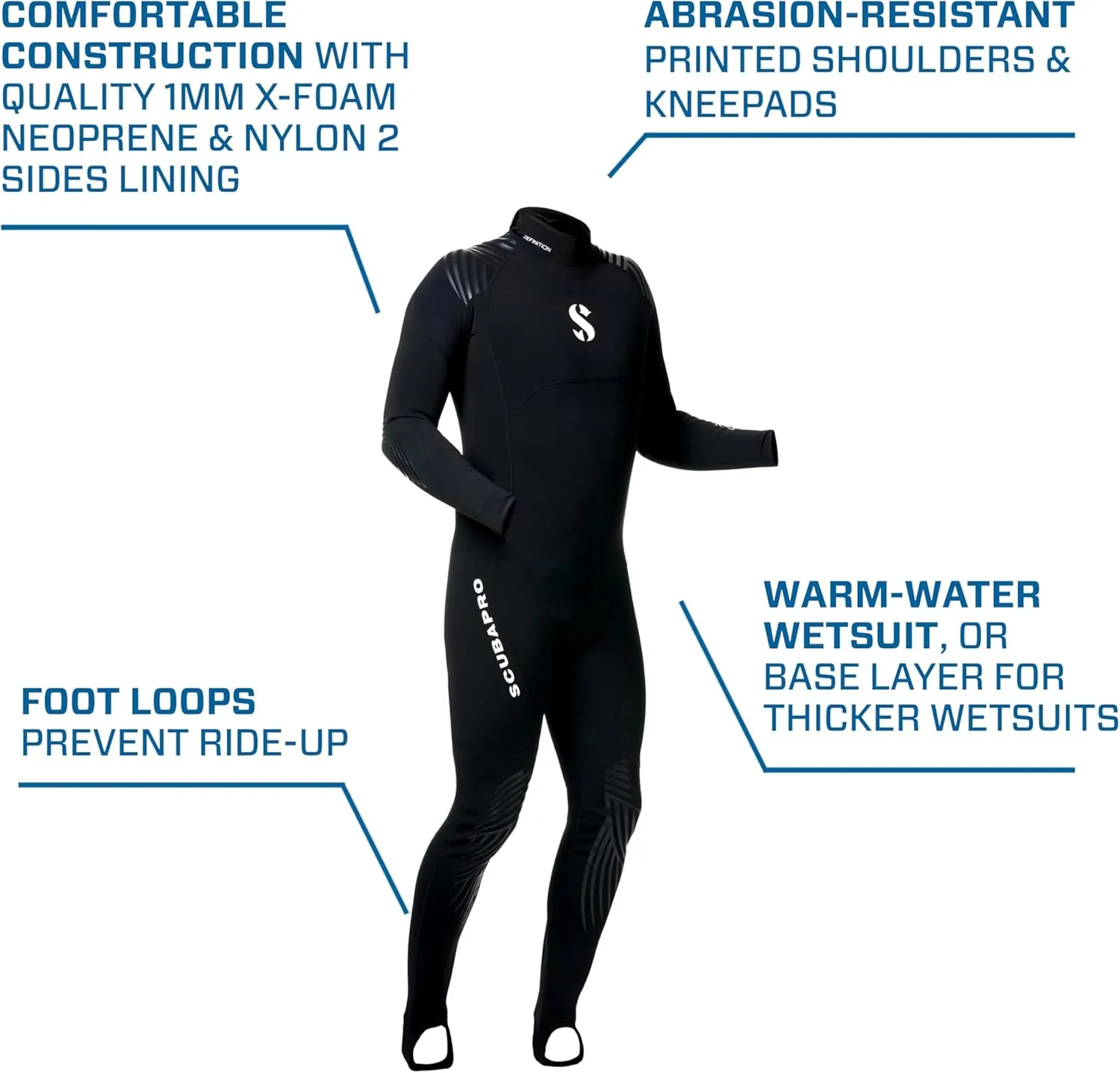 Scubapro 1mm Men's Definition Steamer Full Suit - Lightweight X-Foam Neoprene, Abrasion-Resistant, Enhanced Comfort for Pool Training & Warm-Water Diving